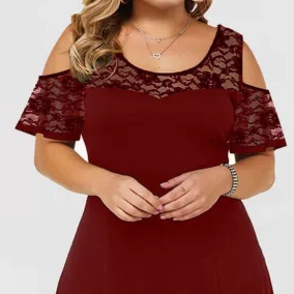 2/$40 Red High-Low Midi Dress Short cold shoulder Lace Evening Party Size XL - Picture 6 of 6